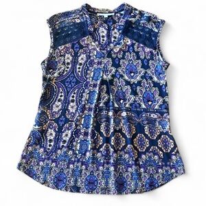 Daniel Rainn Blue Purple Paisley Blouse Small Crochet Yoke V-Neck